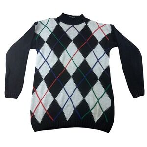 Vintage Nuggets Sweater Men M Black Ramie Cotton Argyle Hong Kong Made Preppy